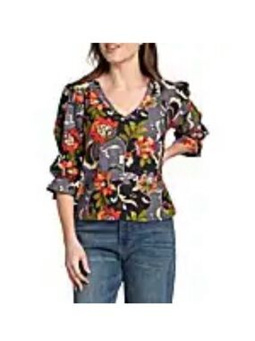 V-Neck Floral Ruffle Sleeve Women’s Blouse - Black Multicolor